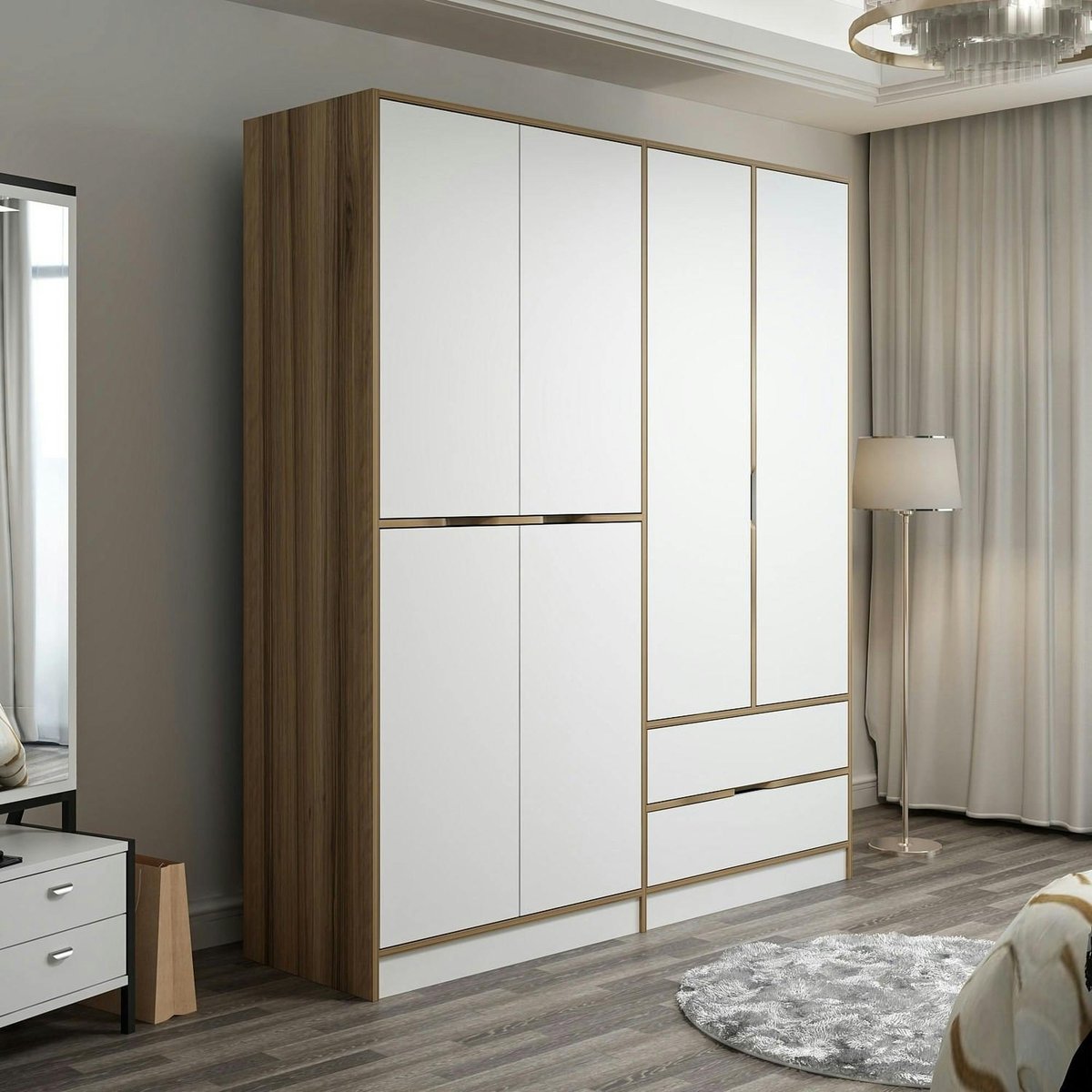 Armoire penderie 6 portes, 2 tiroirs BYRON blanc, PIER IMPORT