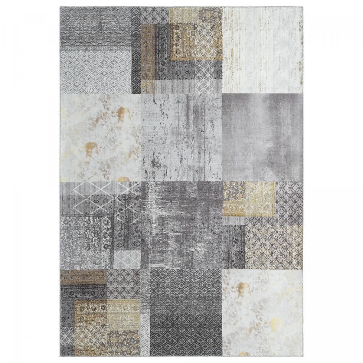 Tapis salon et chambre tissé en coton motif damier CARRAL gris, or, UN AMOUR DE TAPIS