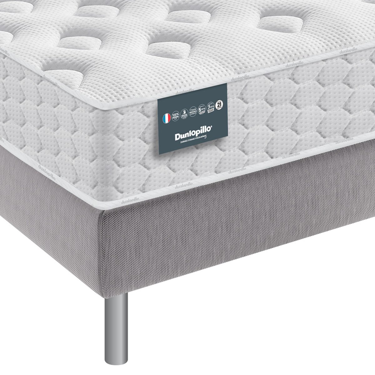 Matelas mousse mémoire, sommier pieds NARCISSE blanc, DUNLOPILLO