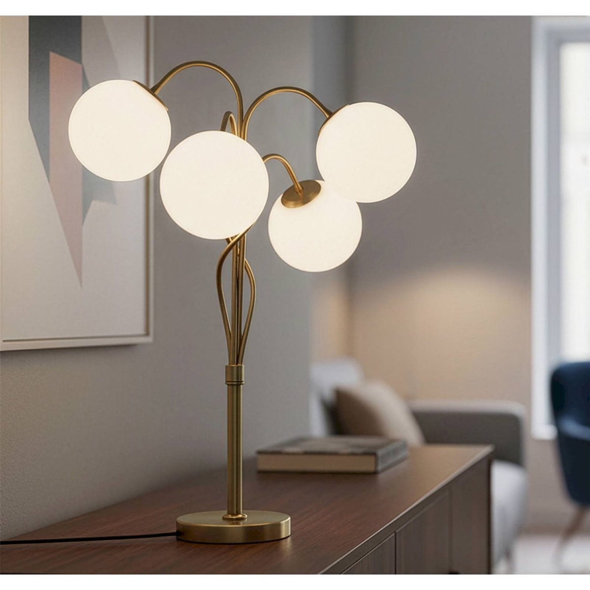Lampe à poser fer et verre 4 globes GLAM blanc et doré, RECOLLECTION