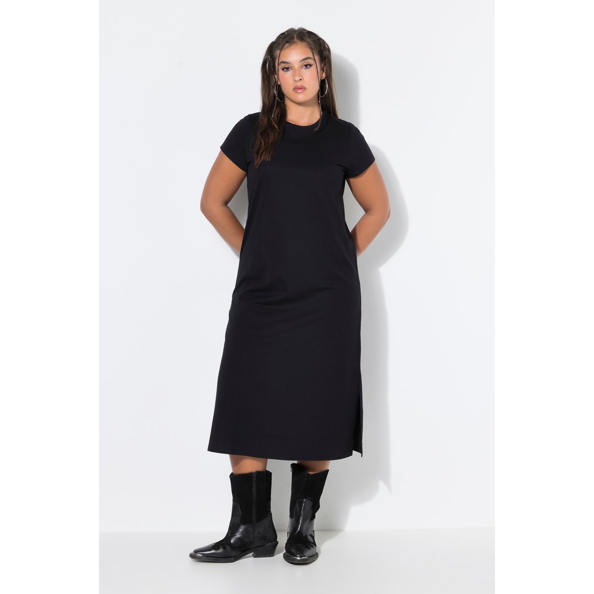 Robe midi, ligne A, jersey, col rond noir, STUDIO UNTOLD