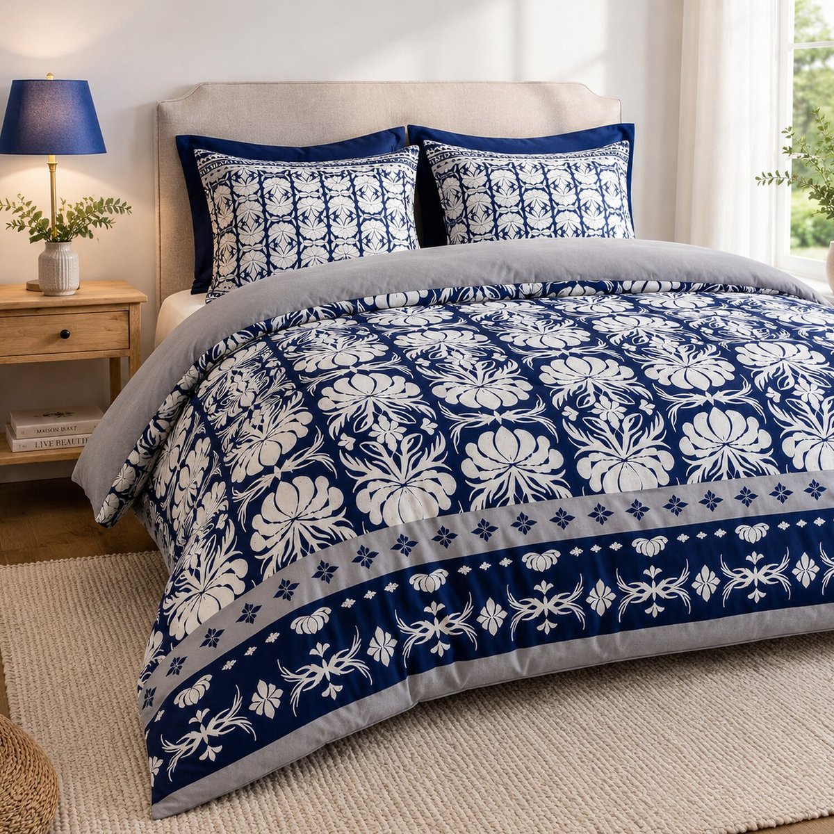 Parure housse de couette en coton imprimée, Folk gris, C DESIGN HOME TEXTILE