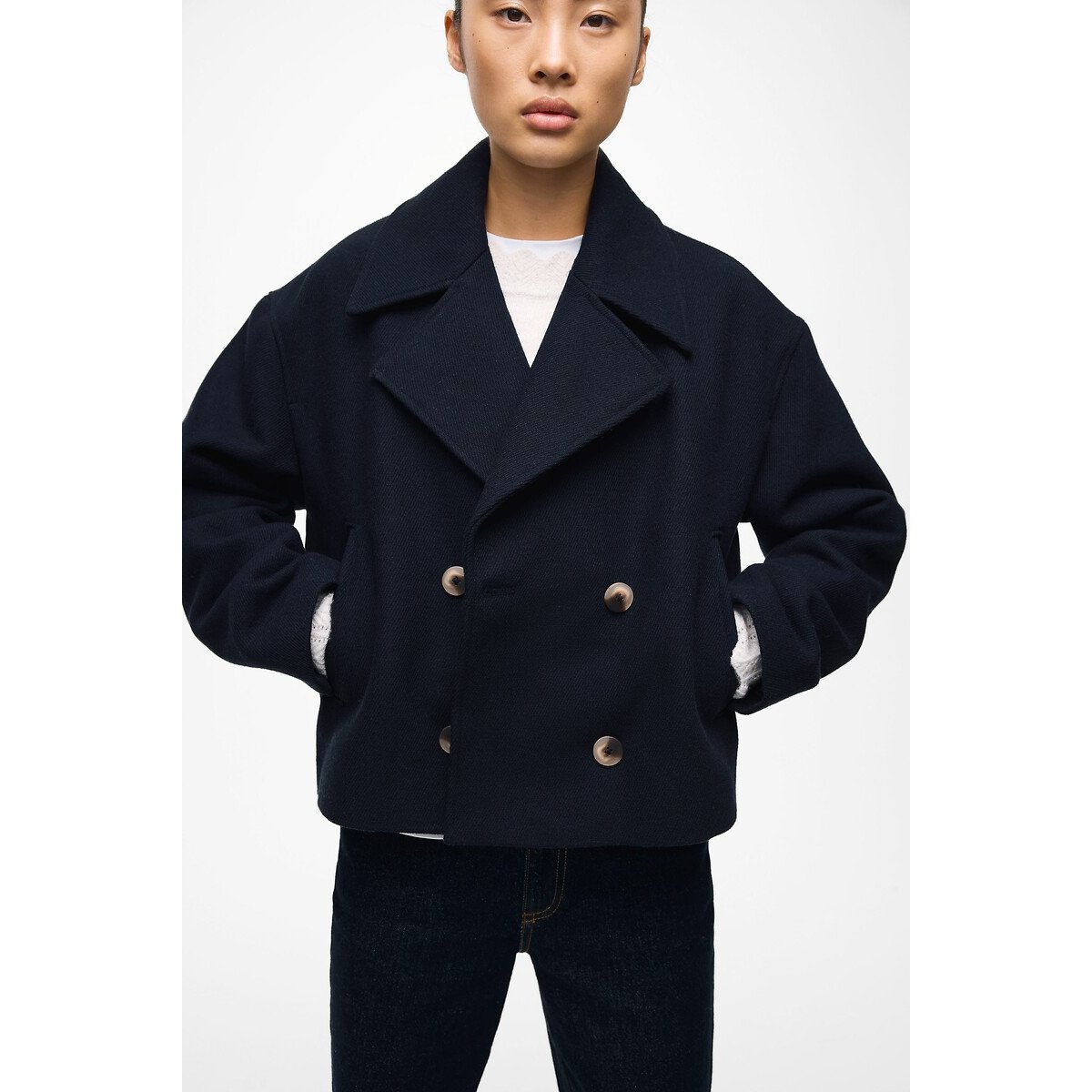 Short Coat with Buttoned Tailored Collar navy blue, VILA