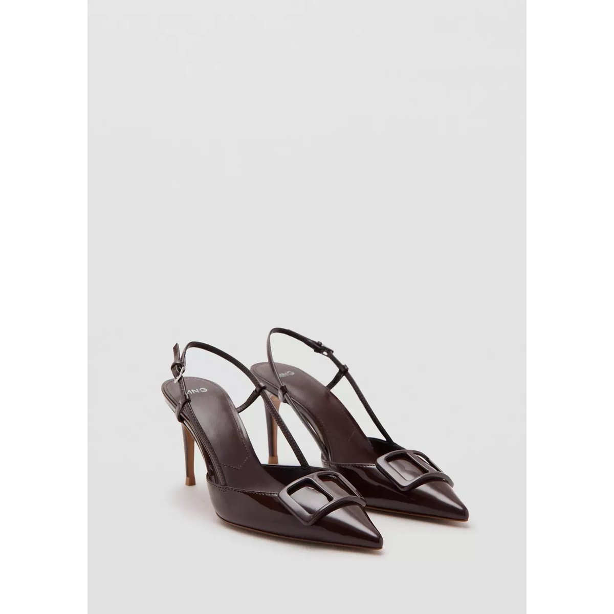 Chaussures à talon en cuir vernis chocolat, MANGO