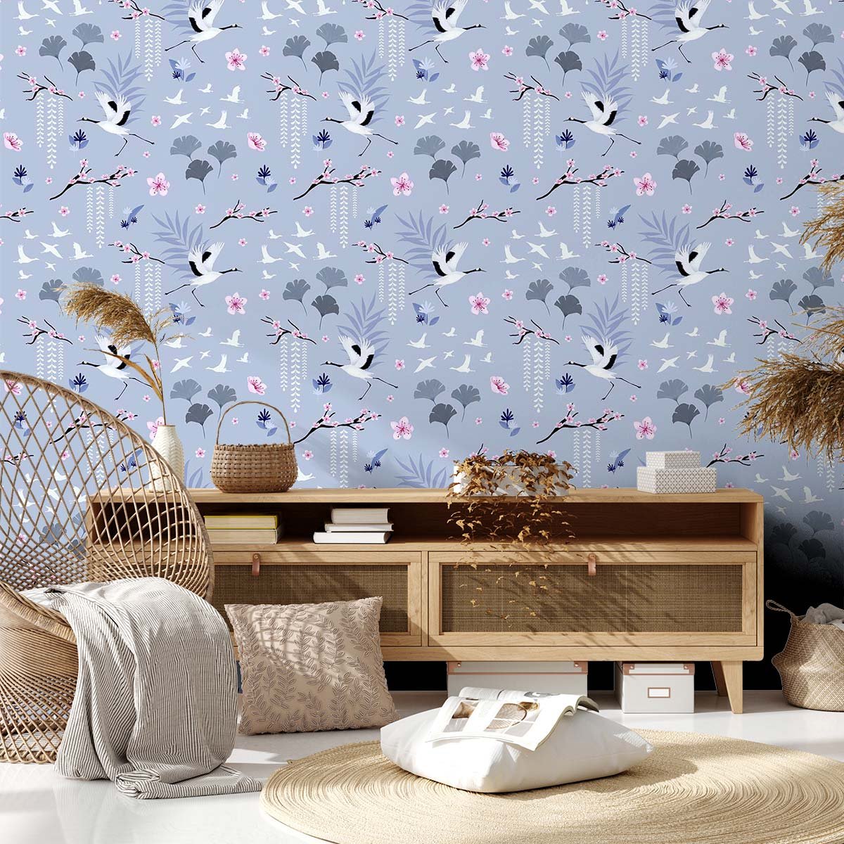 Papier peint cicogne bleue intissé, HEXOA