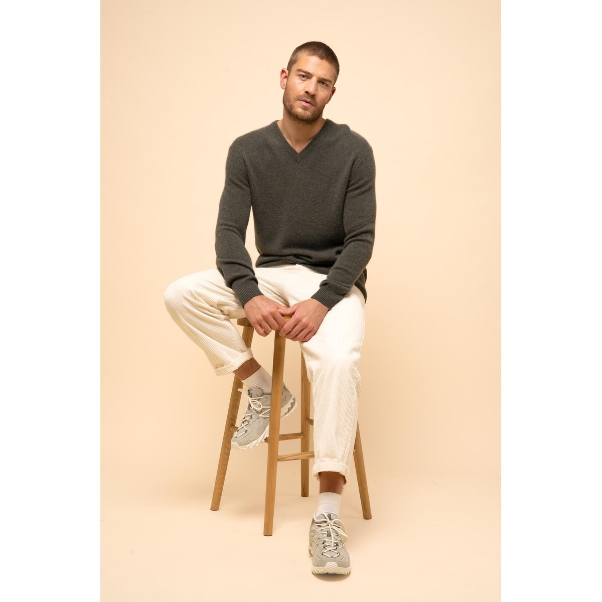 Pull Col V 4 Fils Kaki Chiné Nathan kaki chiné, JUST CASHMERE