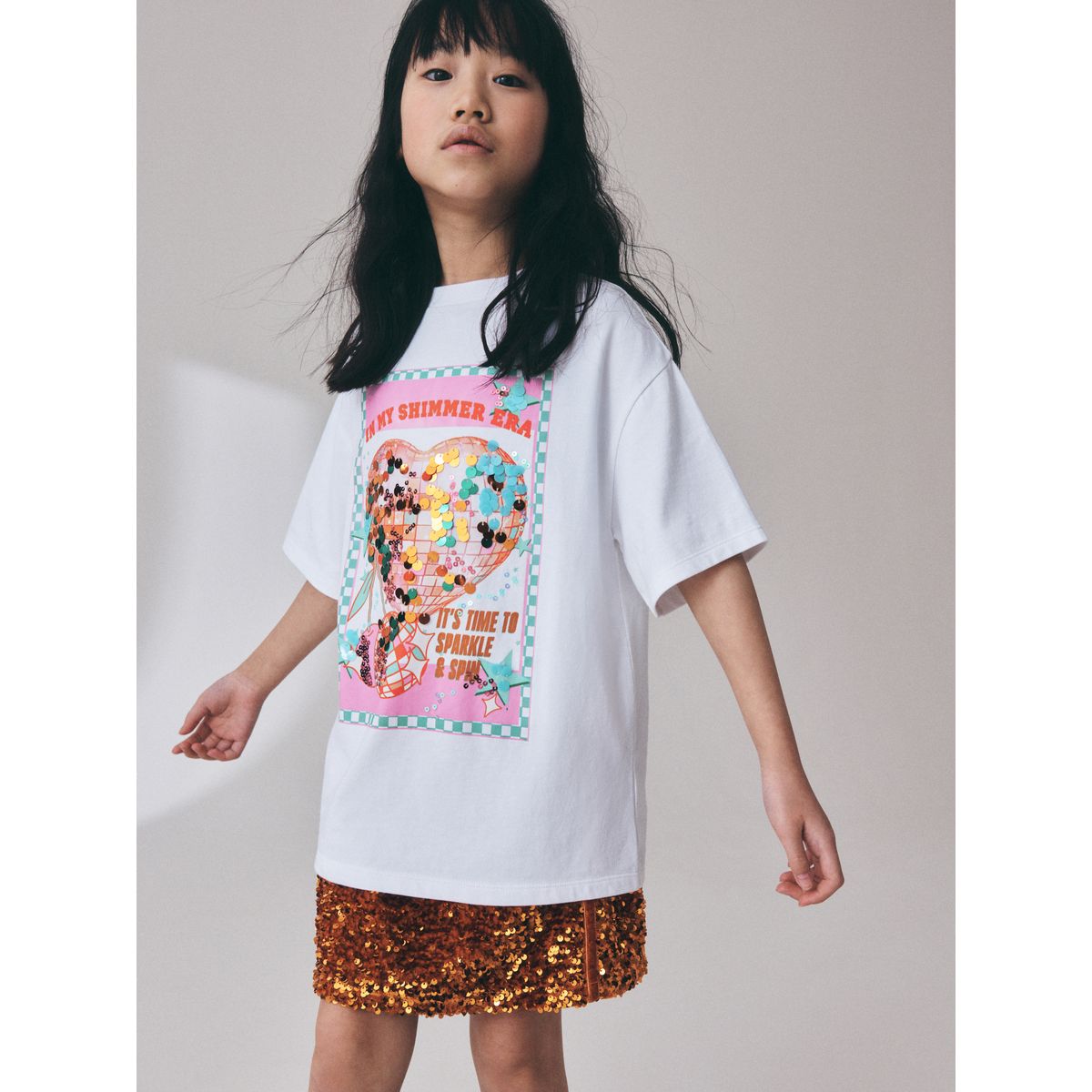 T-shirt oversize à sequins cœur disco blanc, NEXT