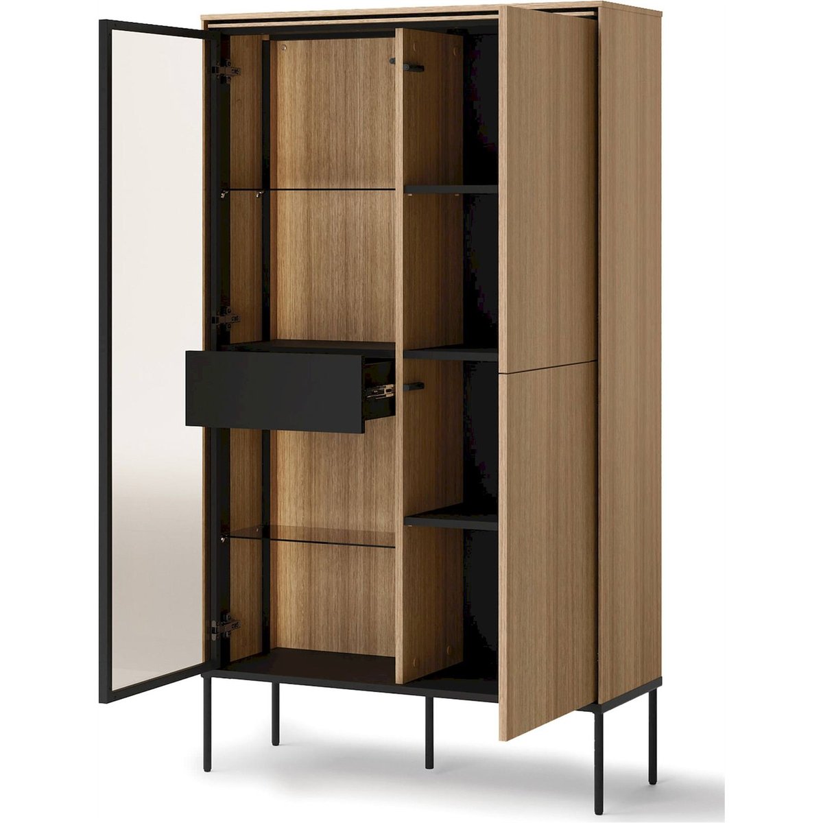 Commode haute vitrée VISSO avec éclairage LED chêne linéaire et noir, RECOLLECTION