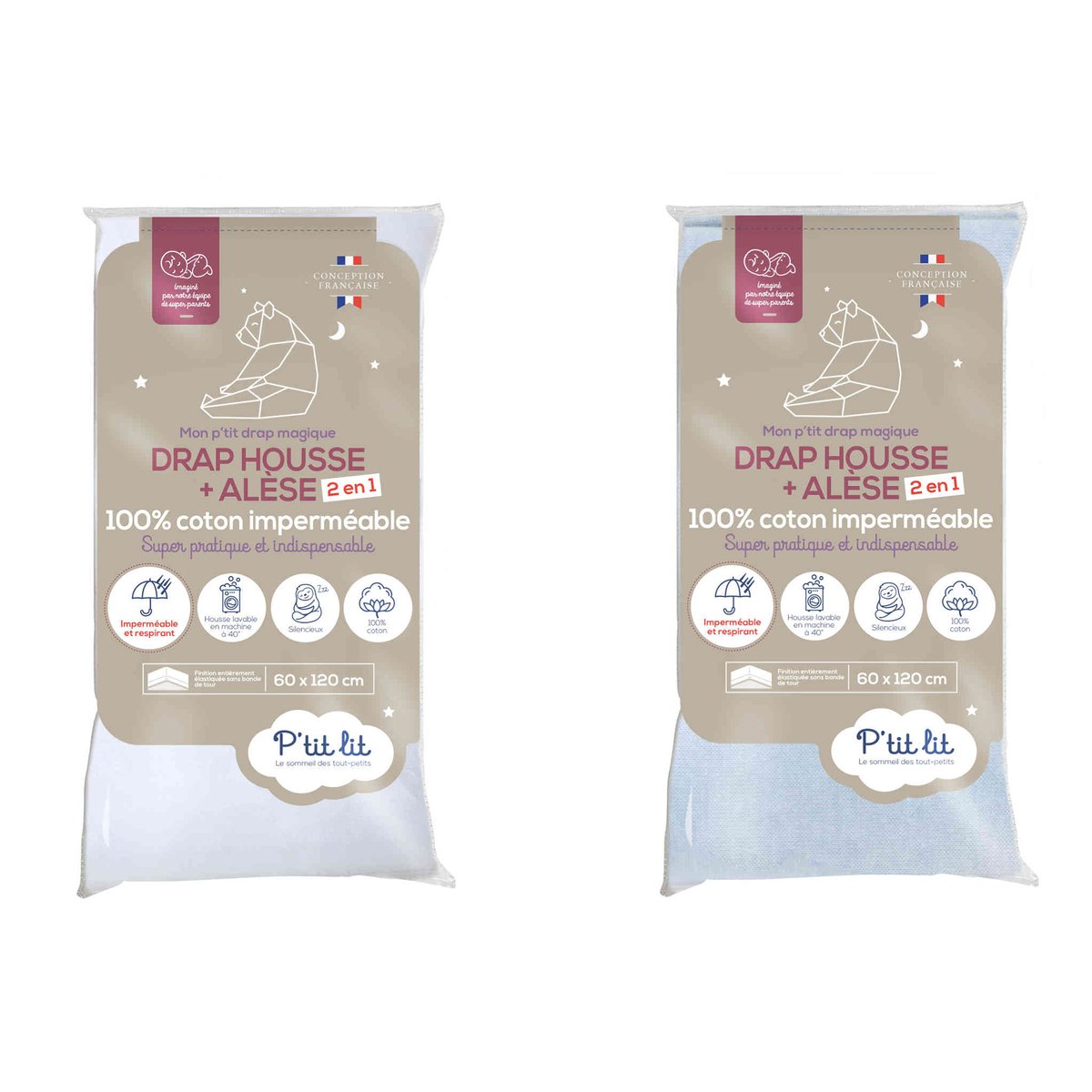 Drap housse alèse 2 en 1 imperméable (lot de 2) blanc, P'TIT LIT