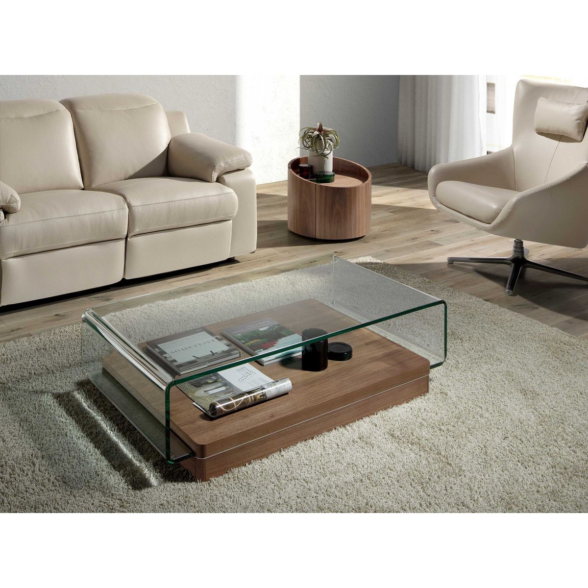 Table basse rectangulaire en verre trempé et noyer verre | noyer, ANGEL CERDA