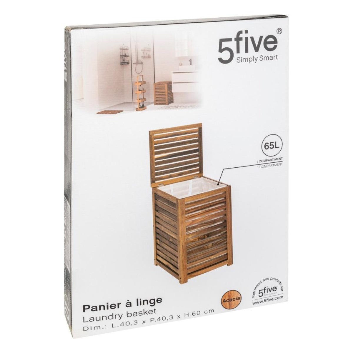 Panier à linge 65L bois acacia marron, ATMOSPHERA