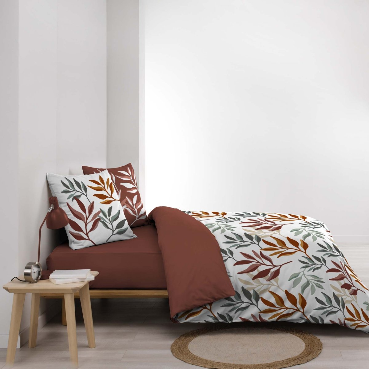 Parure de lit 3 pièces 100 % coton imprimé à motif végétal housse + taies rouge, DOUCEUR D'INTÉRIEUR