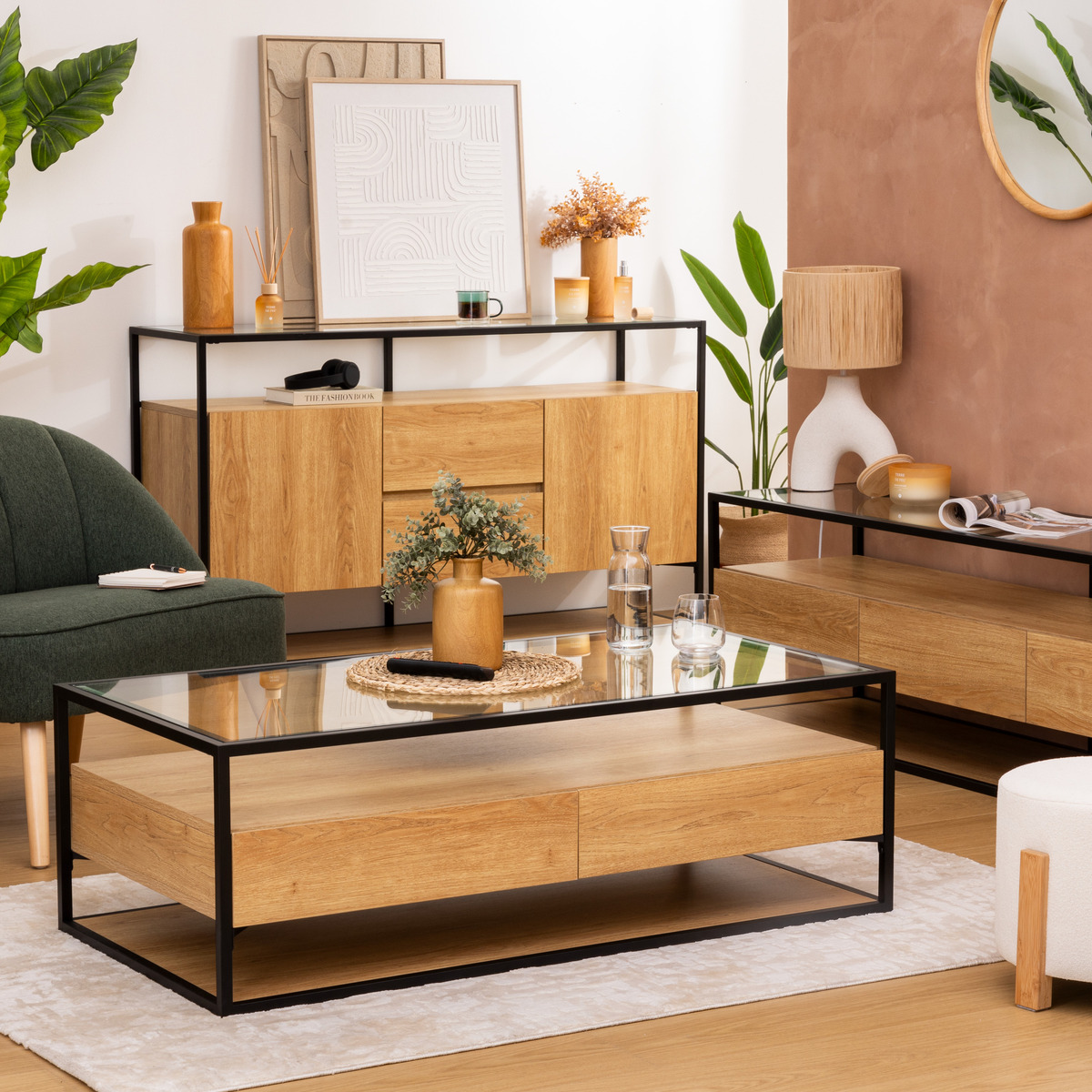 Table basse 2 tiroirs en verre trempé et effet chêne ALDEA beige, ATMOSPHERA
