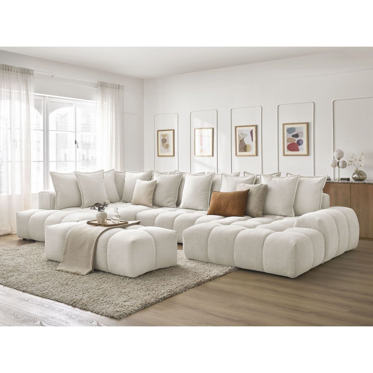 Canapé panoramique convertible 7 places en tissu texturé avec pouf, EVEREST blanc, BOBOCHIC