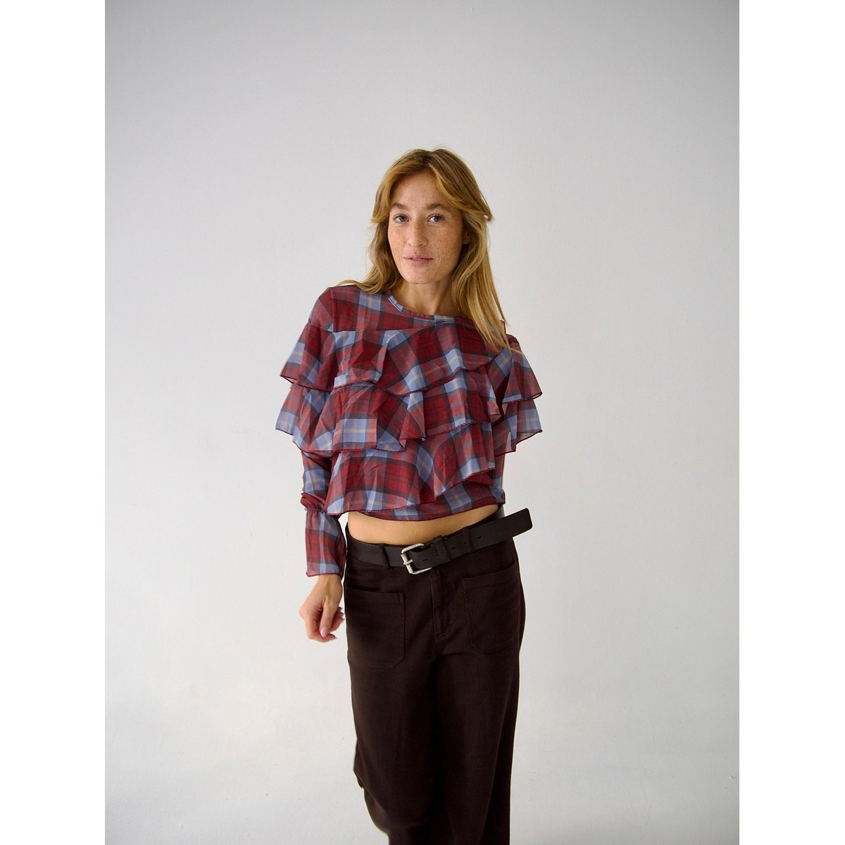 Blouse losanges à volants LÉA bordeaux / bleu, MINDTRAVELER