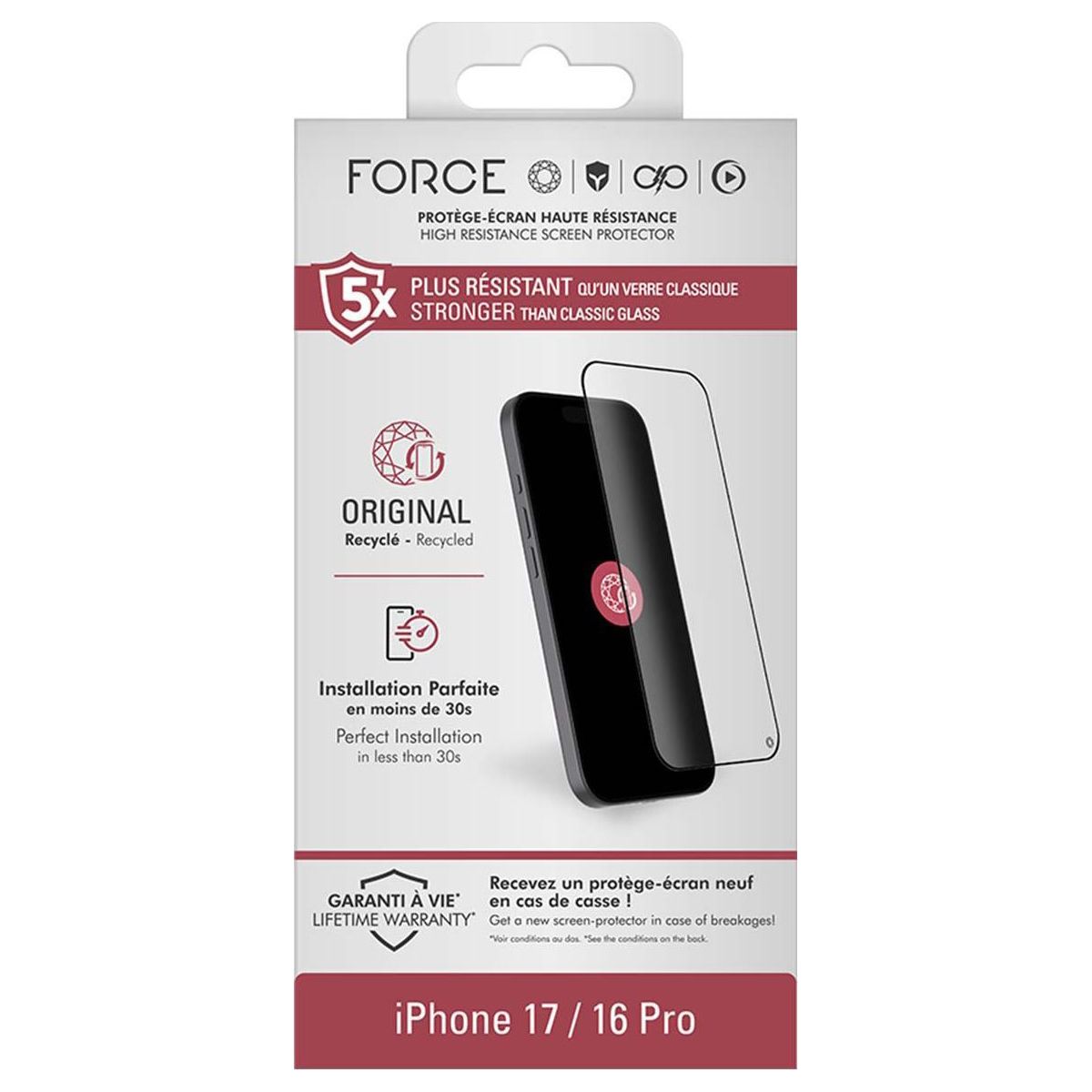 Protège écran iPhone 17/16 Pro couleur unique, FORCE GLASS