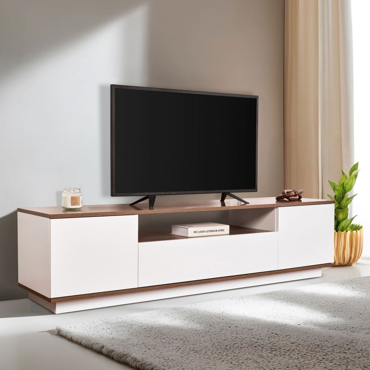 Meuble TV 3 portes en bois L180cm- FRITZ blanc, DRAWER