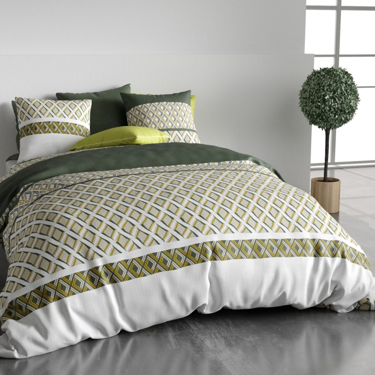 Housse de couette 260x240 NAYAA + 2 taies coton 57 fils vert, DECORATIE