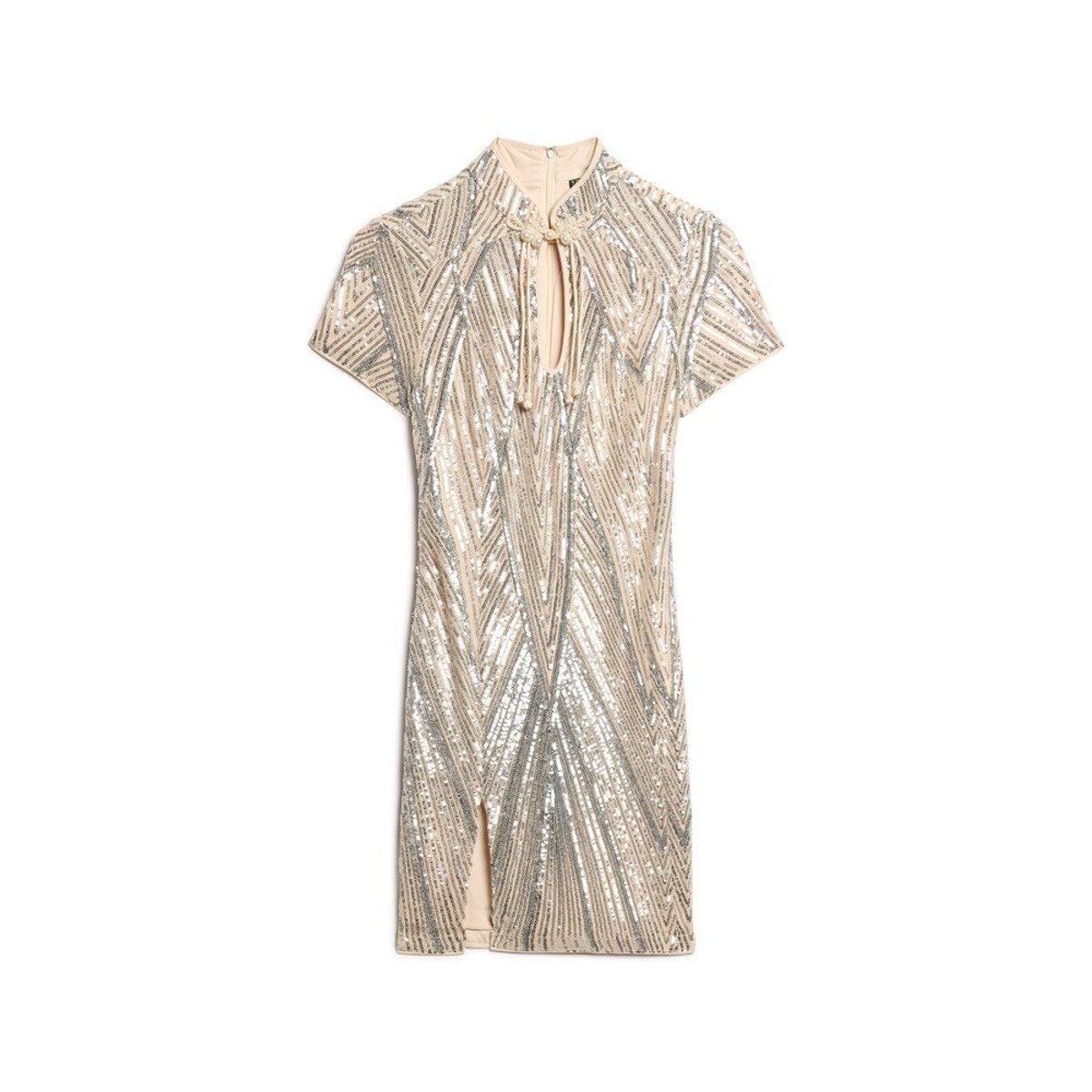 Robe courte à sequins et col Mao sequins argentés art déco, SUPERDRY