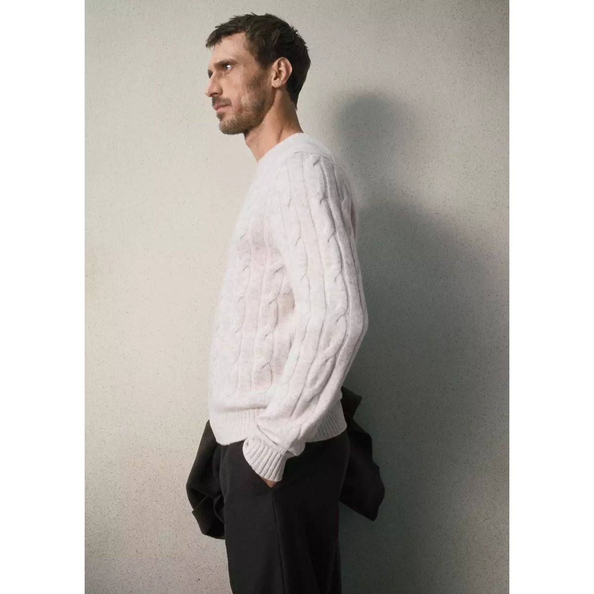 Pull-over laine maille tressée beige, MANGO MAN