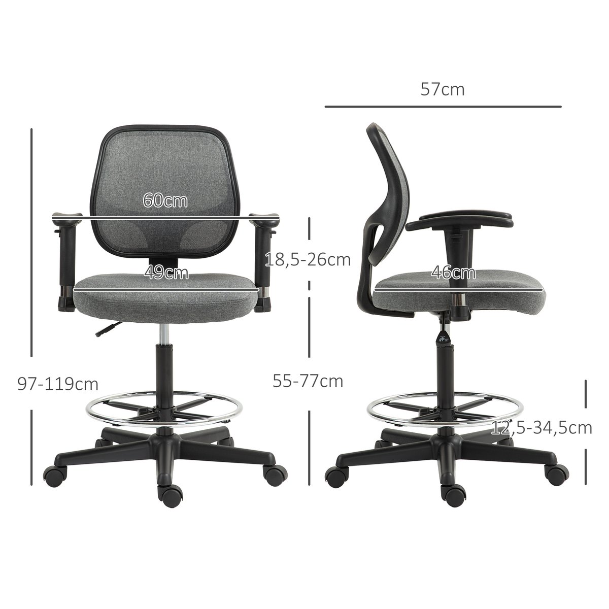 Chaise de bureau pour poste de travail debout gris, HOMCOM