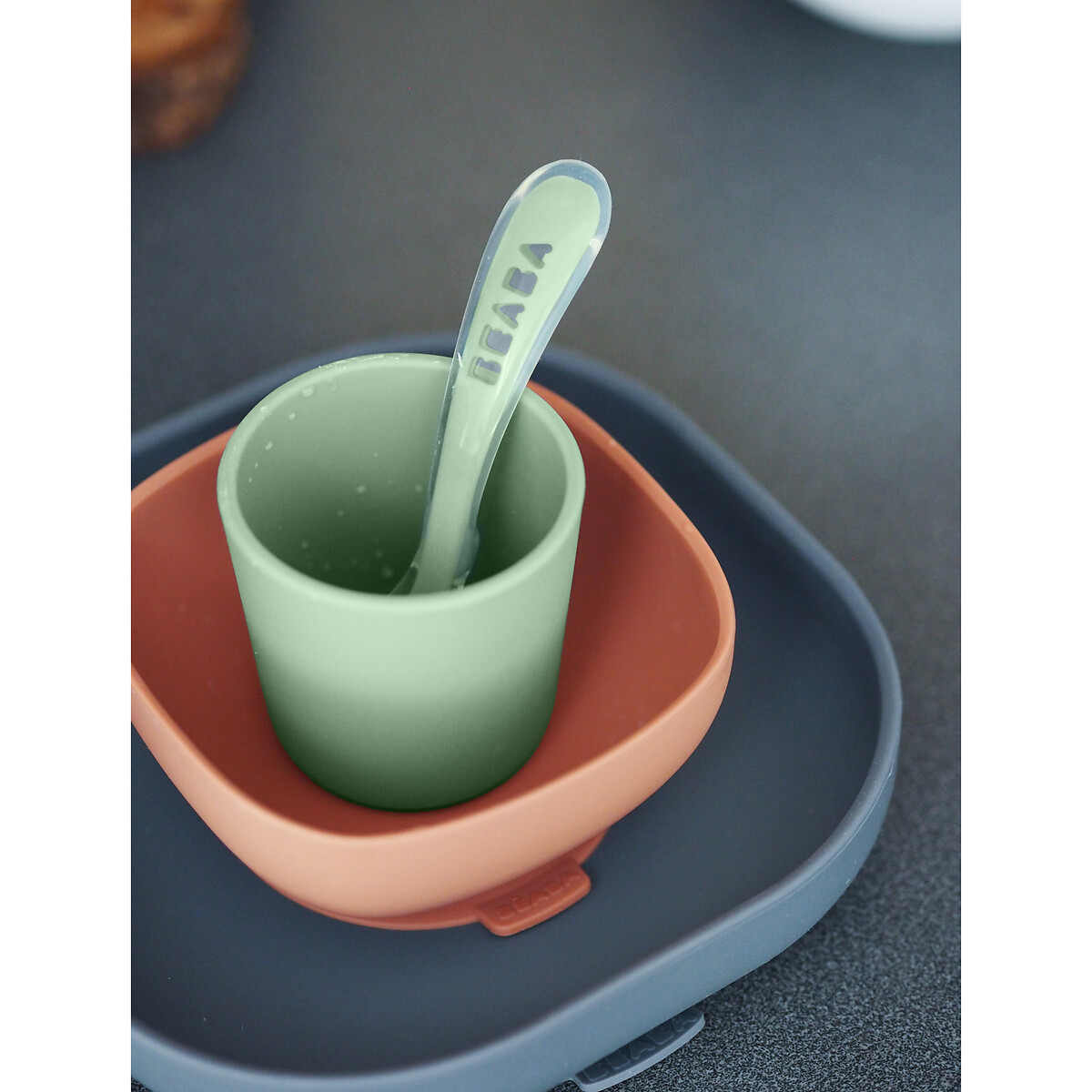 Coffret repas bébé 4 pièces en silicone gris minéral, BEABA