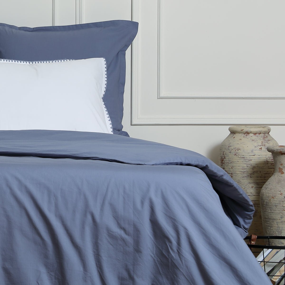 Parure + taies 50x70 percale de coton NINA bleu denim, FEBRONIE