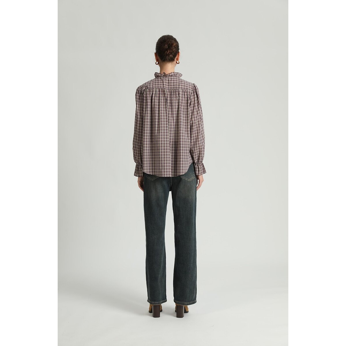 Blouse volant à carreaux, col montant bordeaux, SEE U SOON