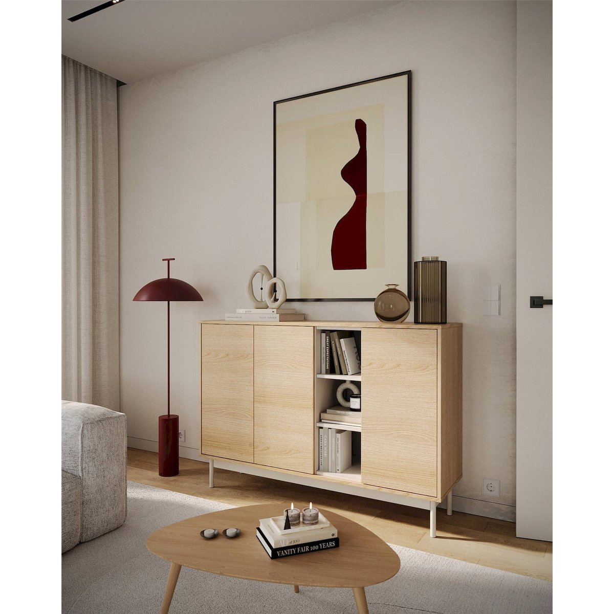 Buffet 3 portes bois collection LAYEN chêne lindberg et beige cachemire, RECOLLECTION