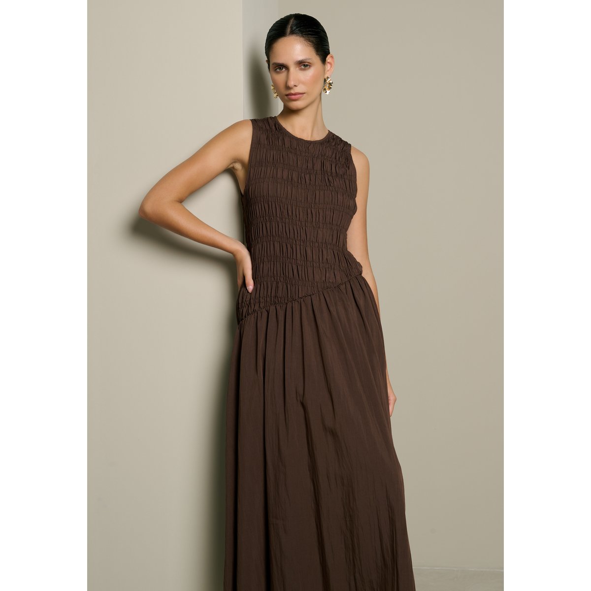 Robe midi smockée brun fonce chocolate, LOLALIZA