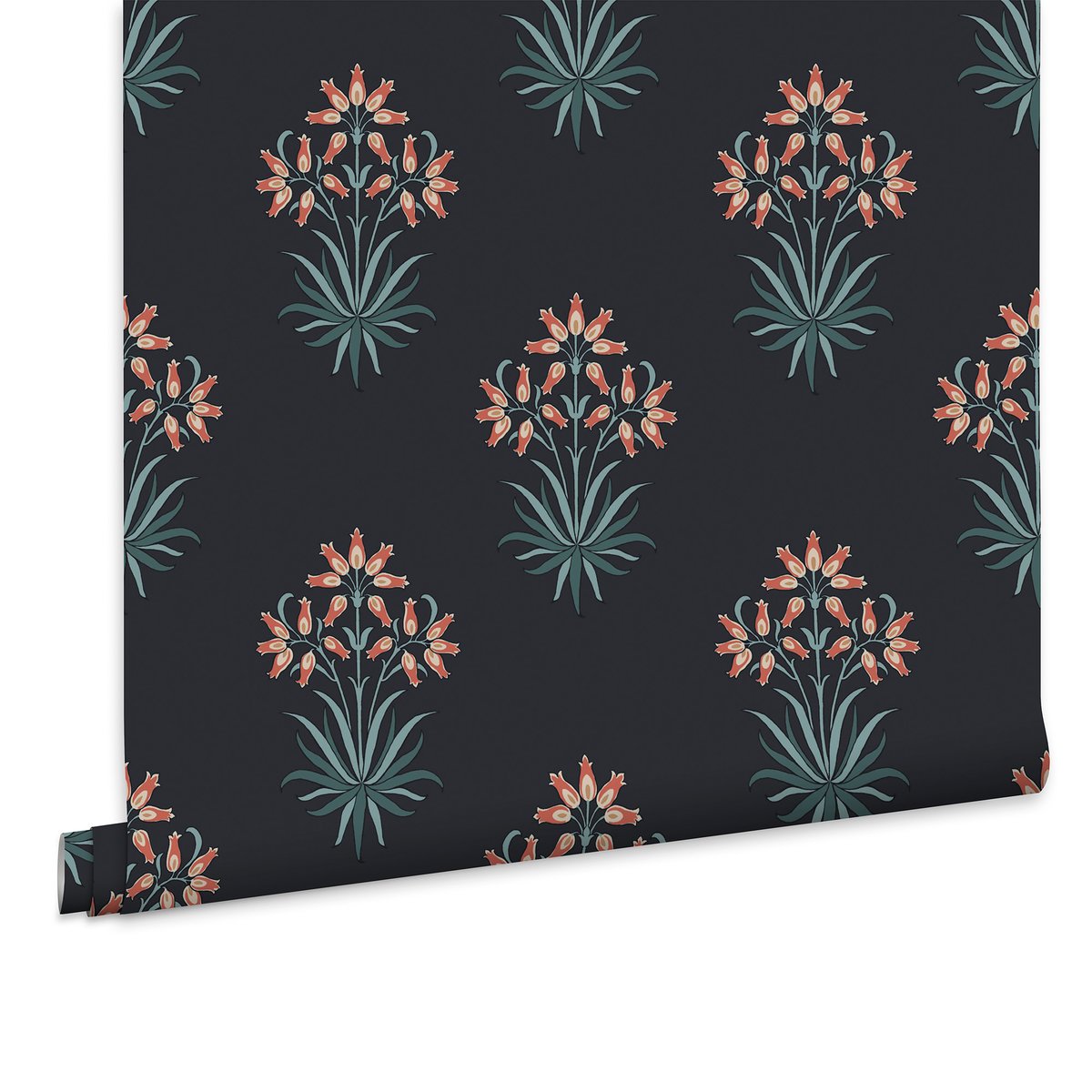 Papier peint fleuri Hyacinth Midnight bleu, corail, WILLIAM MORRIS AT HOME