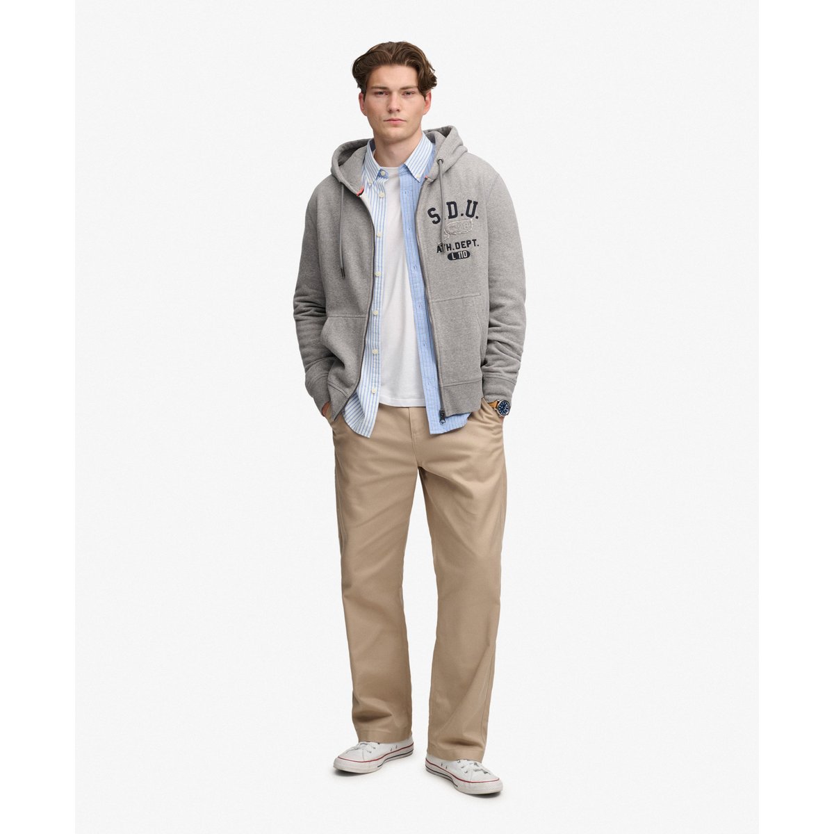 Sweat zippé à capuche Applique coupe décontractée gris foncé chiné, SUPERDRY
