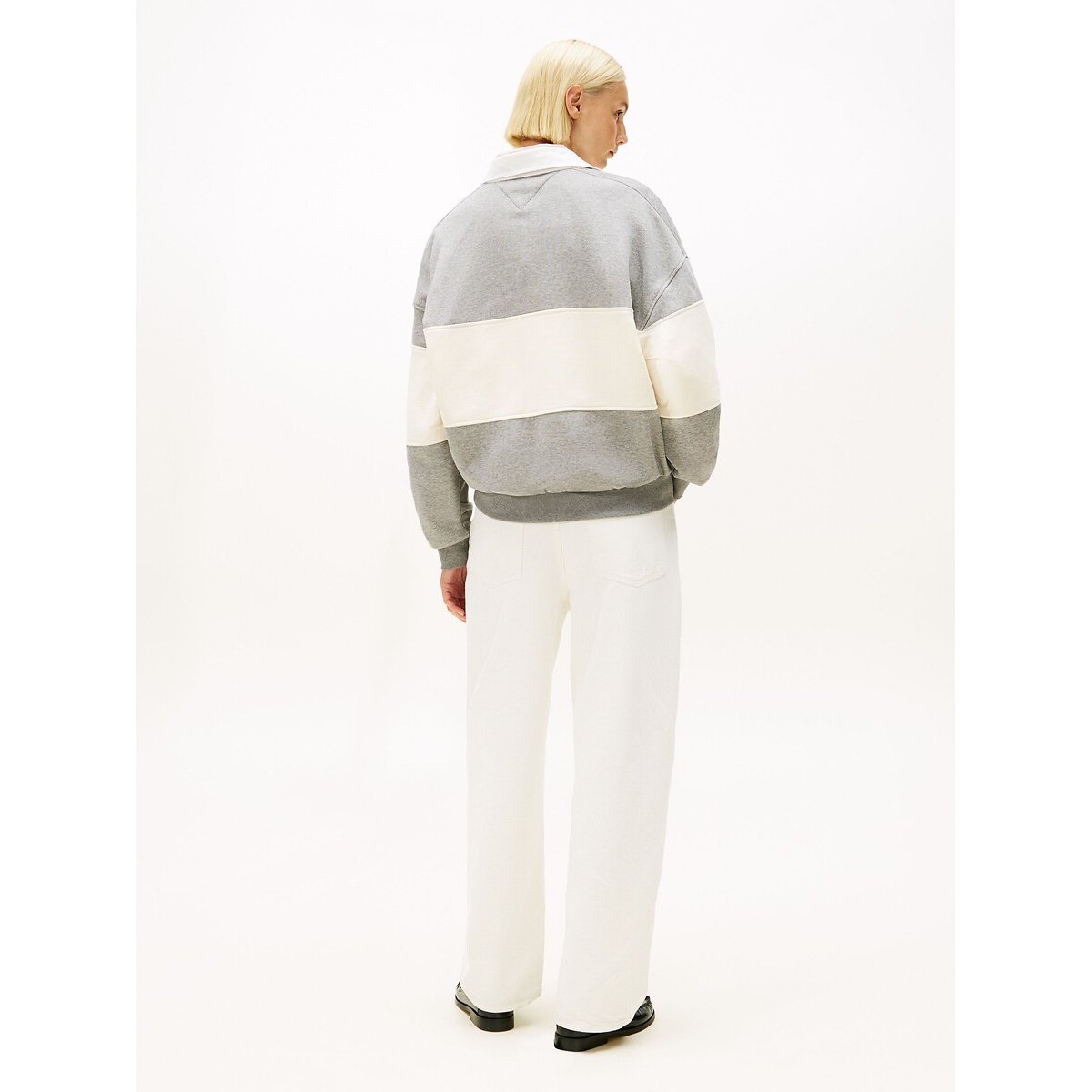 Sudadera de rugby a rayas con cuello de polo de manga larga gris/crudo, TOMMY HILFIGER