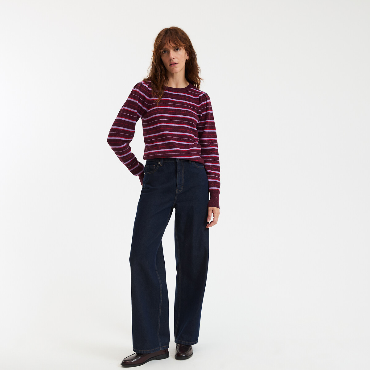 Striped Crew Neck Jumper in Fine Knit with Sparkly Thread multi-coloured stripes , LA REDOUTE COLLECTIONS