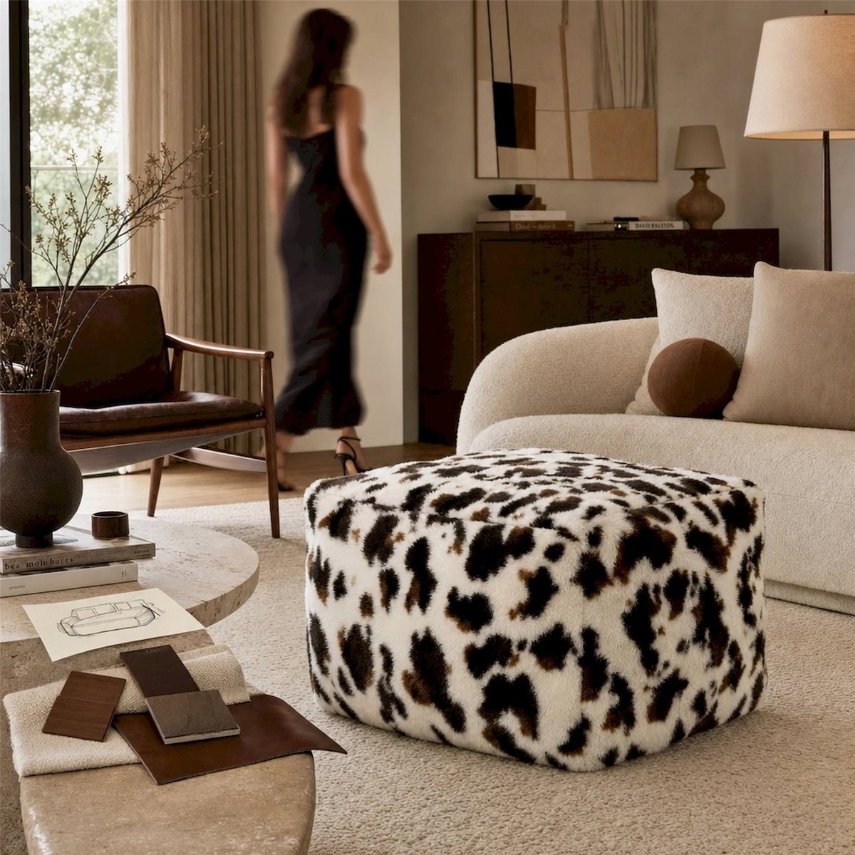 Pouf motif vache en coton blanc et marron foncé, RECOLLECTION