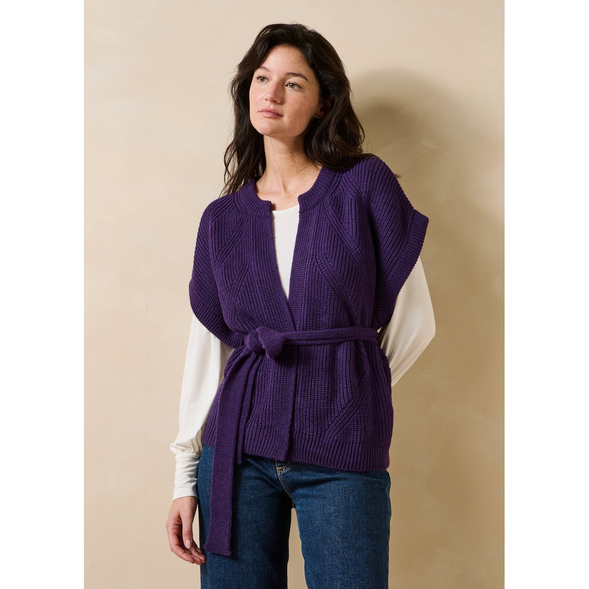 Gilet manches courtes col rond cassis, LA FEE MARABOUTEE