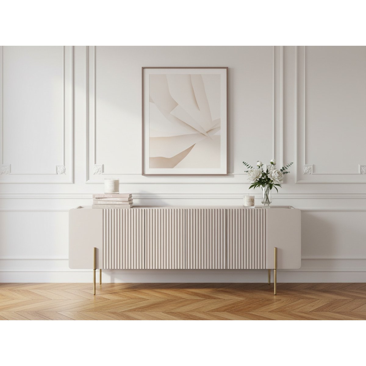 Meuble TV 150 cm panneaux de particules et MDF, MATHILDE beige, BOBOCHIC