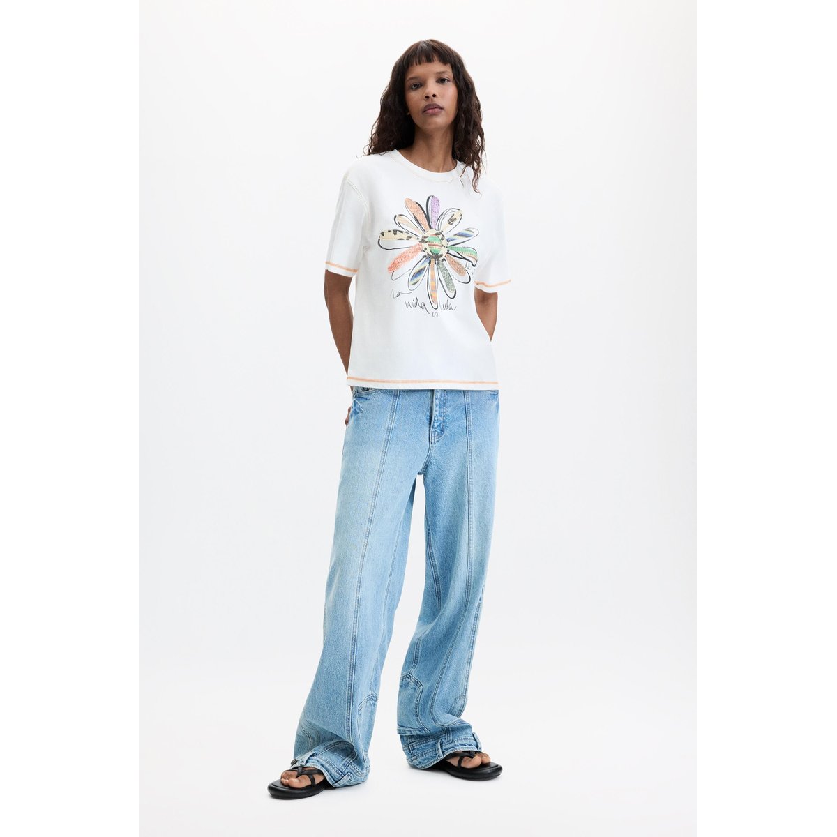 T-shirt à imprimé floral 100 % coton blanc, DESIGUAL