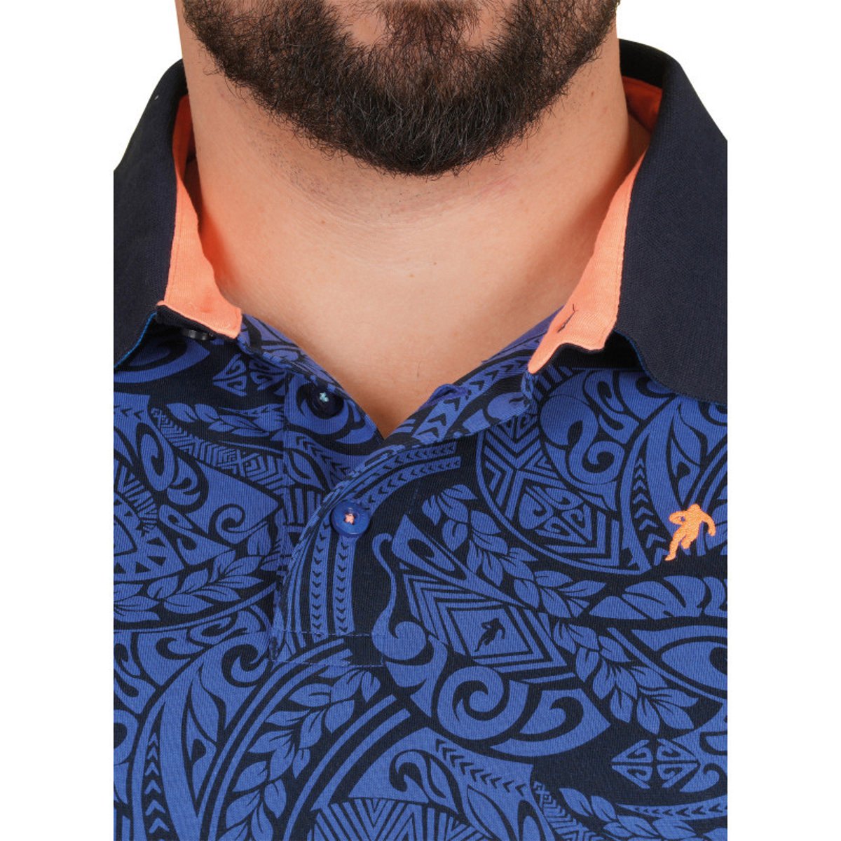 Polo en coton biologique bleu imprimé pourvu d'un col boutonné bleu, RUCKFIELD