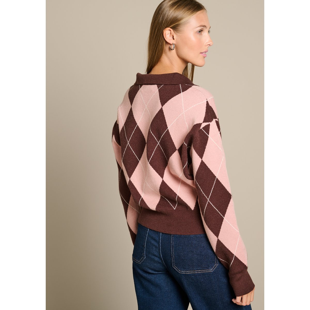 Pull jacquard à col polo brun fonce chocolate, LOLALIZA