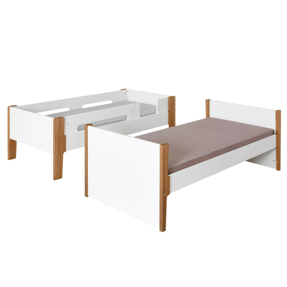 Pack lit superposé gigogne avec 3 matelas Bois massif  ROMY blanc et bois, AKITEN RETAIL