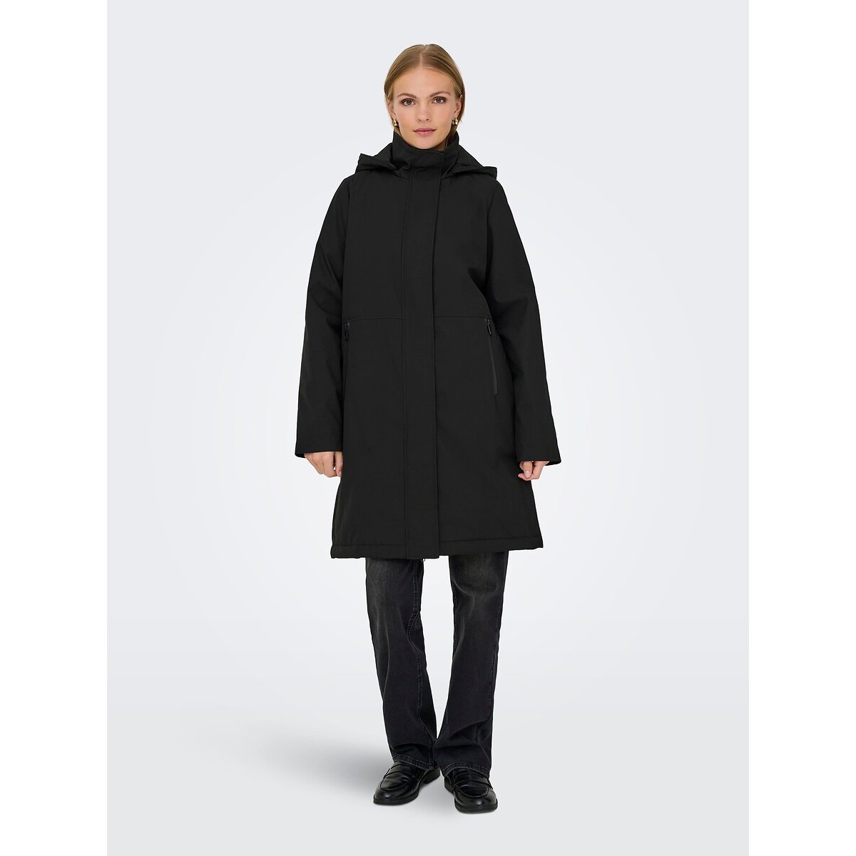 Parka lungo con cappuccio nero , ONLY