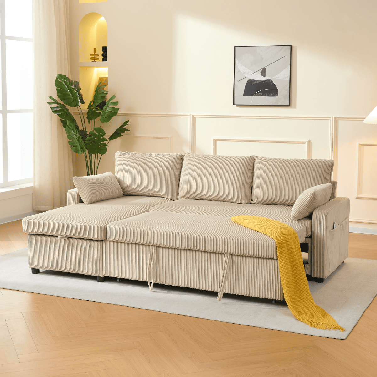 Canapé convertible 3 places en velours LOUISON beige, CALICOSY