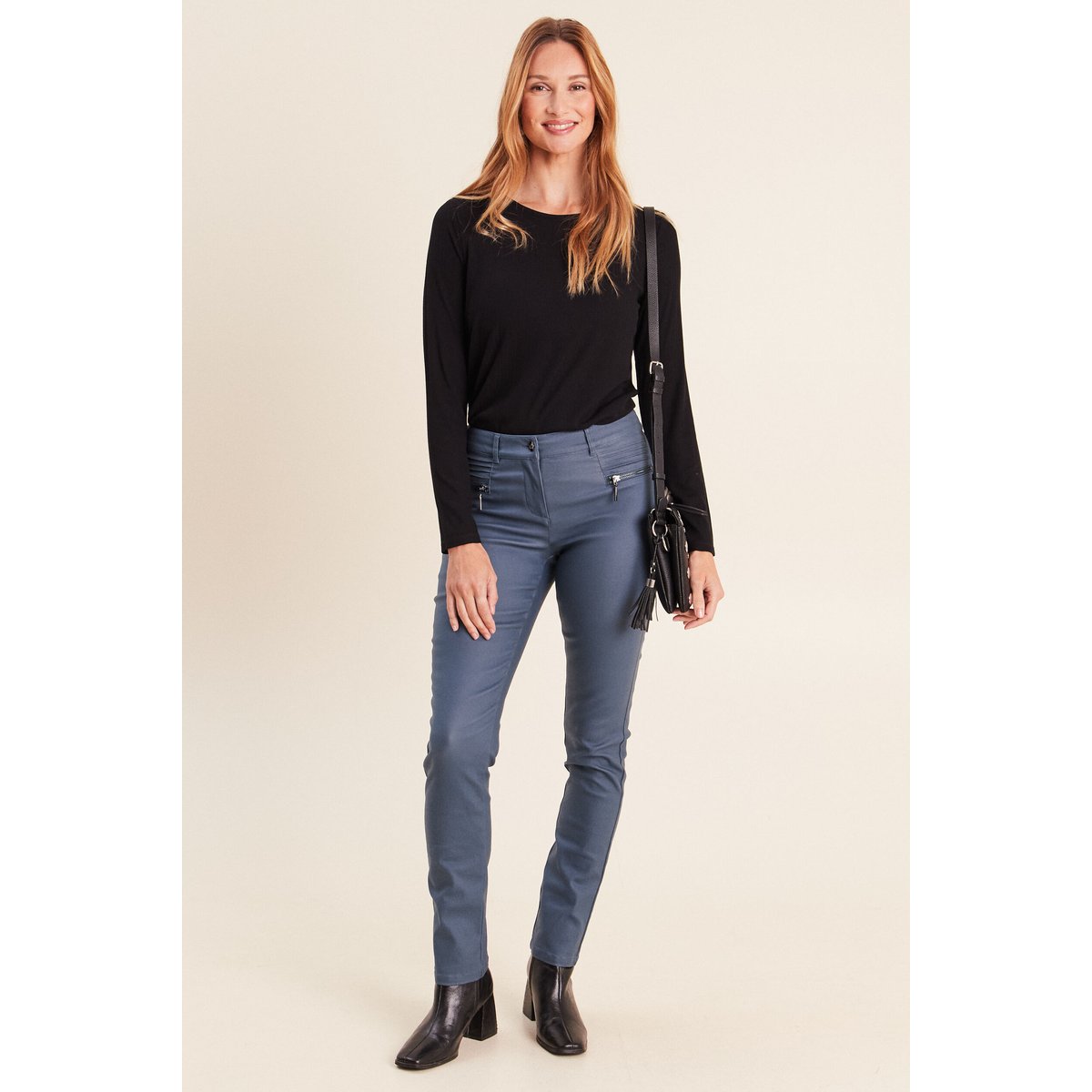 Pantalon enduit ajusté taille basculée bleu foncé, BREAL