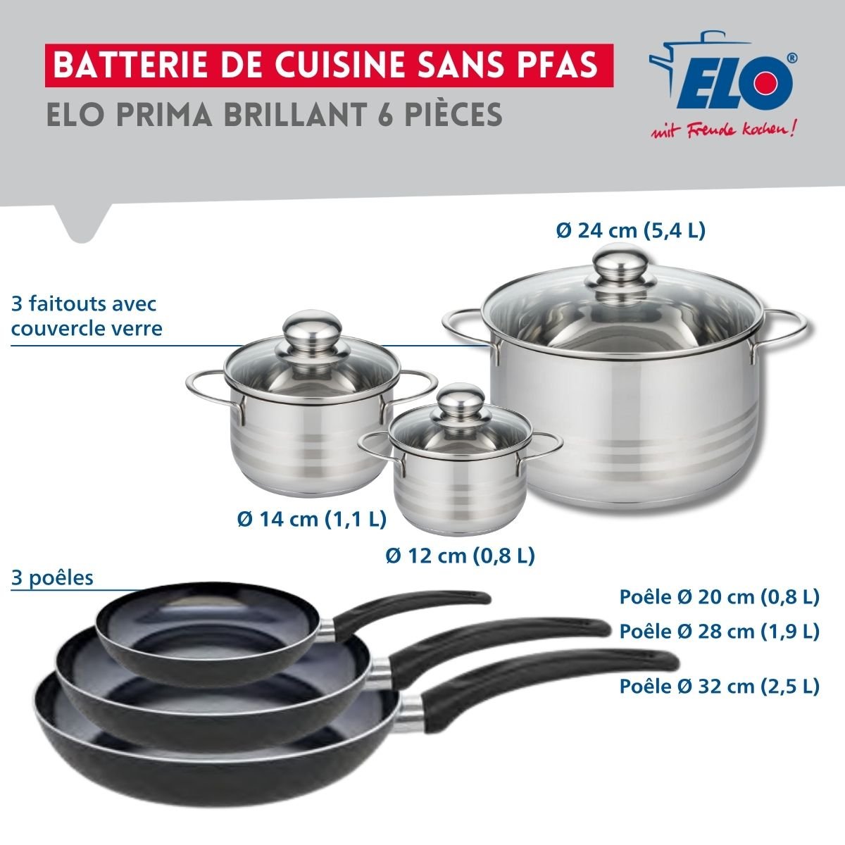 3 poêles 20/28/32cm + 3 faitouts 12/14/24cm PRIMA BRILLANT noir, ELO