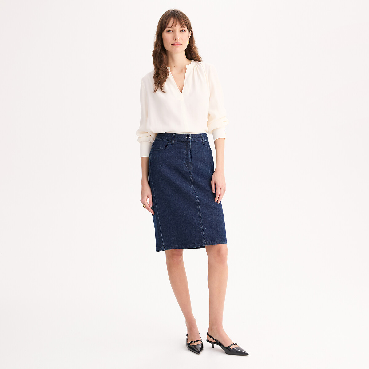 Jupe droite en denim stretch, mi-longue bleu brut, ANNE WEYBURN