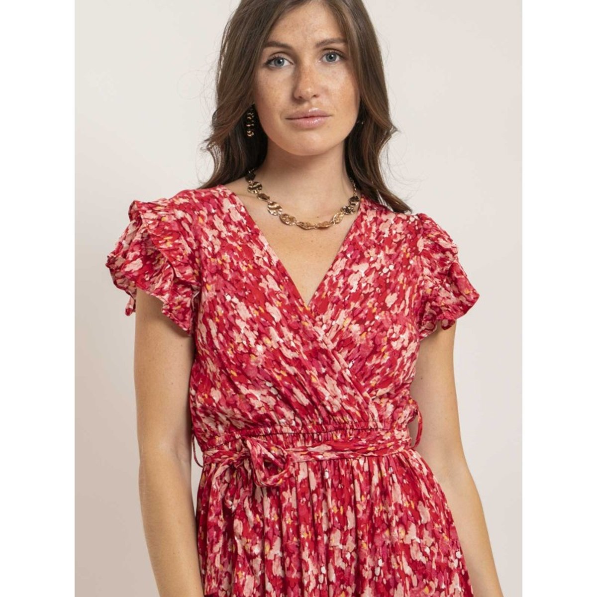 Robe Longue Cache-coeur Avec Ceinture Izane rouge, DONA LISA