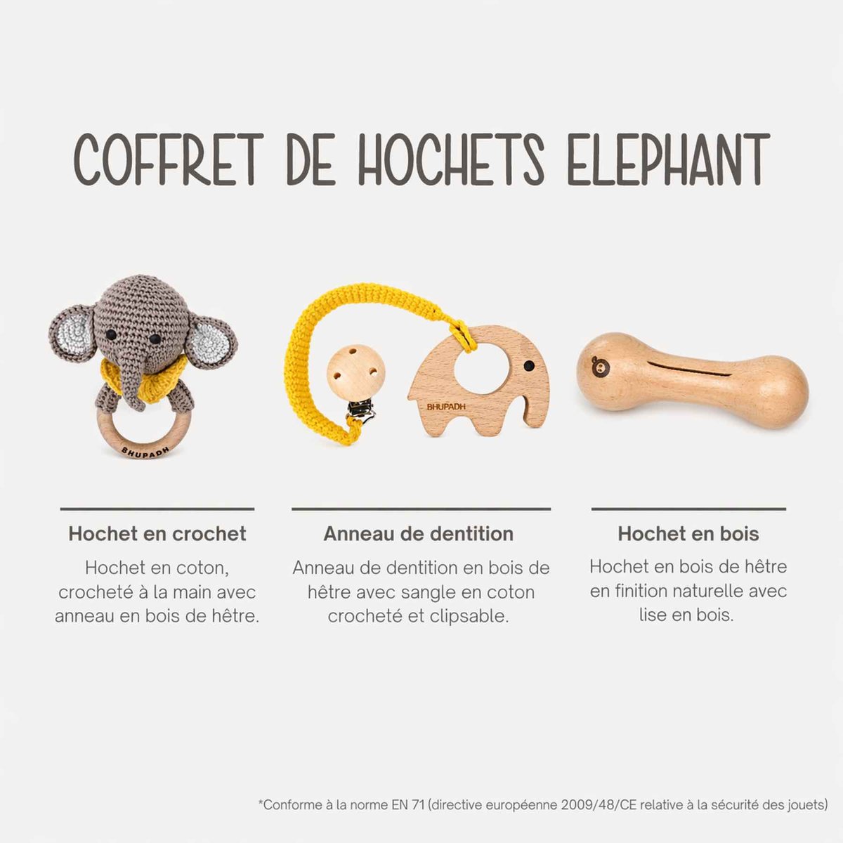 Coffret de 3 hochets en coton et bois naturel SENSO elephant, SEVIRA KIDS