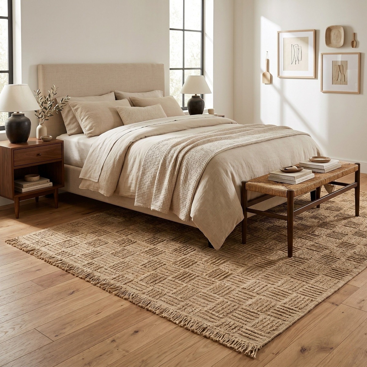 Tapis damier en jute  artisanal reliefs  JUTE NATUREL - style bohème beige, THE DECO FACTORY