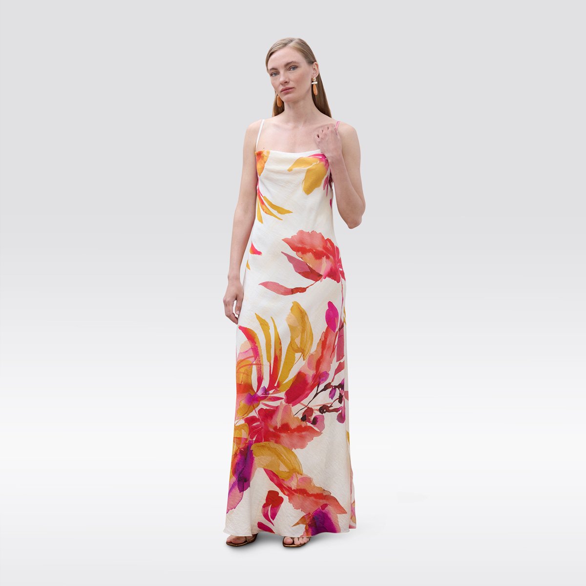 Robe longue fluide à fines bretelles imprimée ecru, LOLA CASADEMUNT